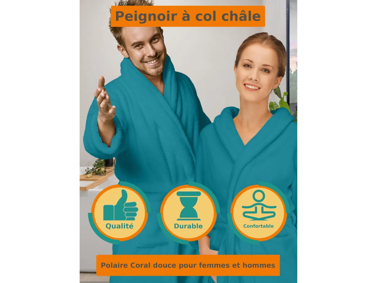 npluseins Peignoir de bain en polaire moelleuse avec col châle – Femme & Homme, XXL, Pétrole