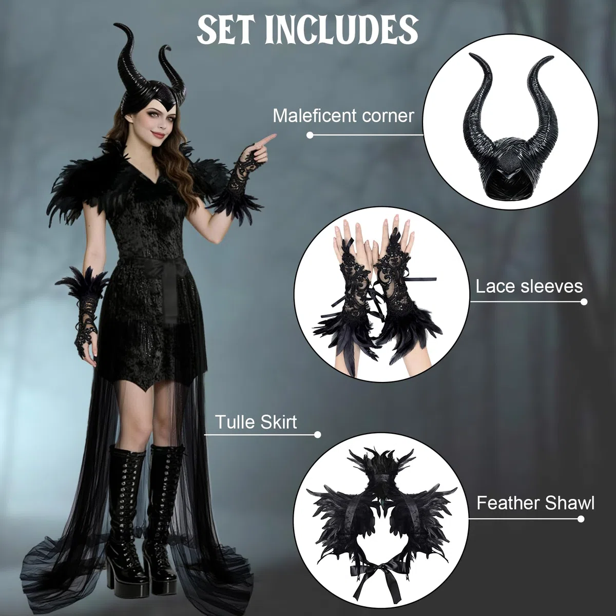 Deguisement Malefique Femme: Maléfique Costume Adulte - Méchante Reine Sorciere Gothique Robe avec Corne Plume Cape et Gant pour Halloween Carnaval Cosplay Tenue De Fête