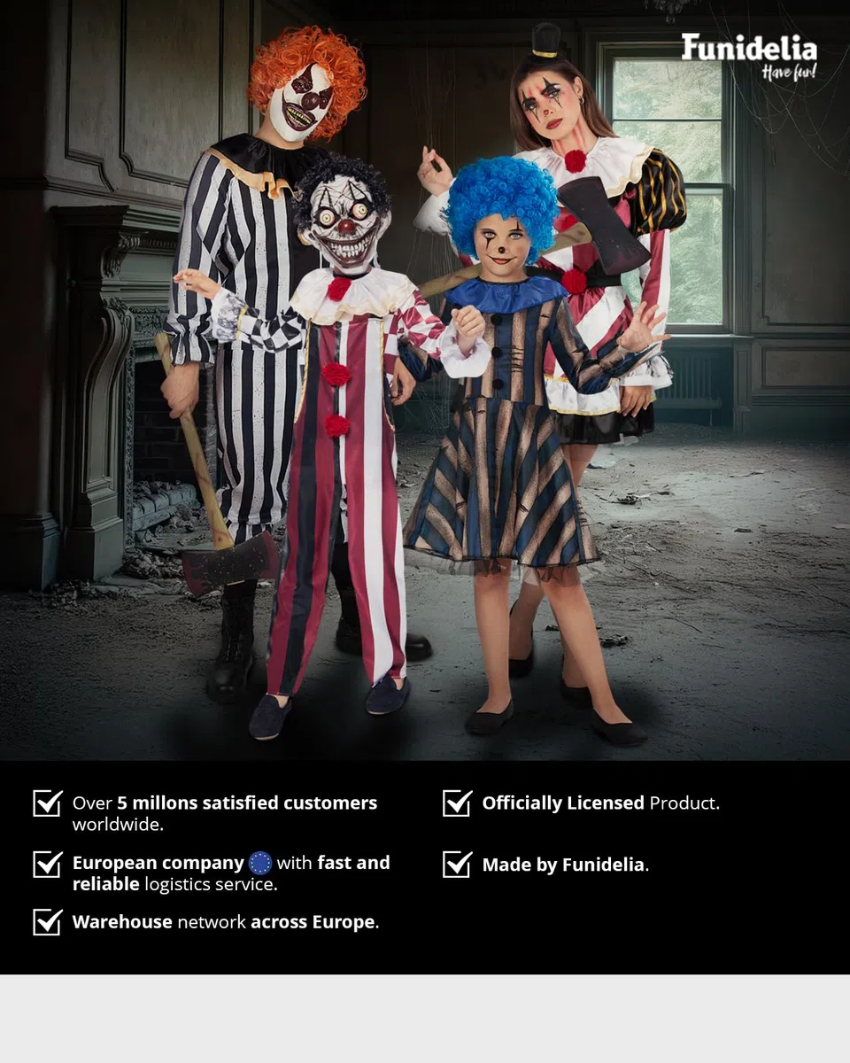 Funidelia Déguisement de clown terrifiant Deluxe pour homme, Comprend pantalon, chemise, bandeau, lunettes et mandoline - Tenue pour adultes pour fêtes, Carnaval et Halloween