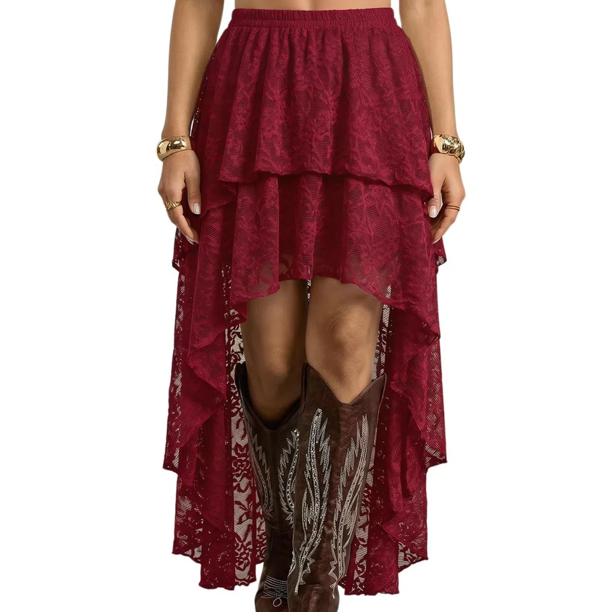 Générique Jupe Longue à Volants en Dentelle et Tulle superposés pour Femme, Coupe trapèze, Style bohème, Ourlet Tendance, idéale pour Les Sorties. (Burgundy,TG)
