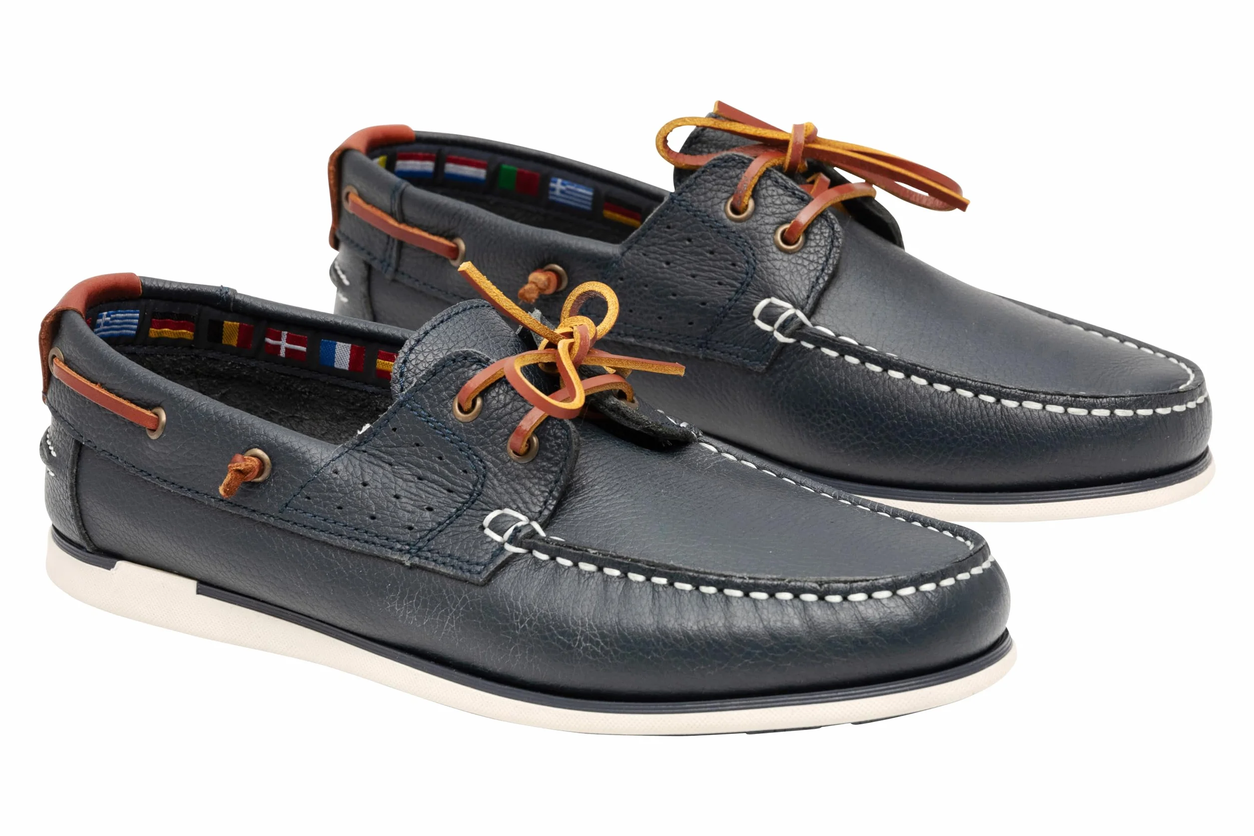 Chaussures bateau en cuir véritable pour homme Mocassins plats avec lacets en cuir en bleu foncé et marron 2 Eye Boat Shoes, bleu foncé, 43 EU Étroit