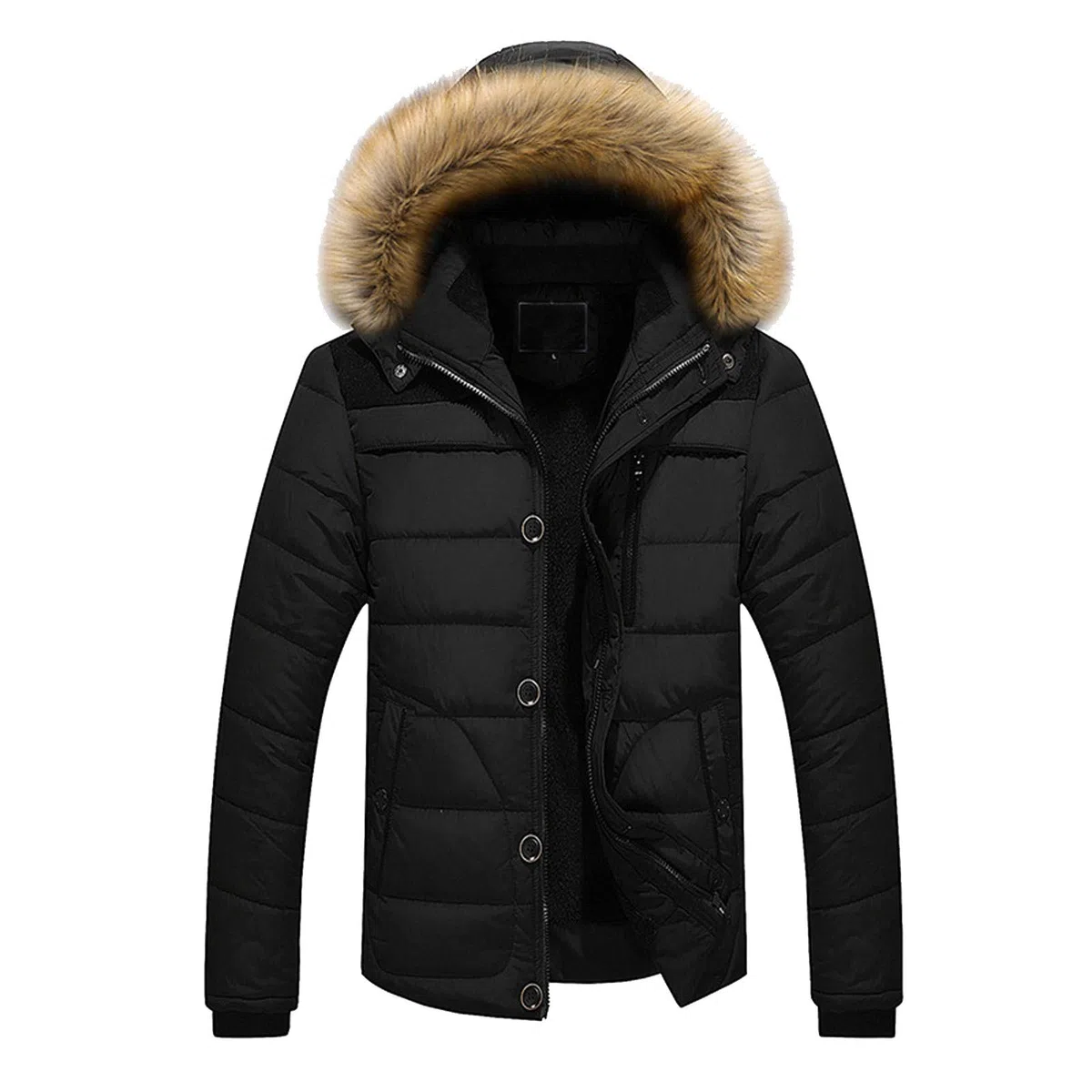 Manteau En Coton Pour Hommes De Longueur Moyenne Hiver Manteau Chaud Épaissi Veste Avec Capuche Col En Fourrure Polaire Uni Zip Coupe-Vent Avec Poche Manteau À Manches Longues Jeunesse Parkas