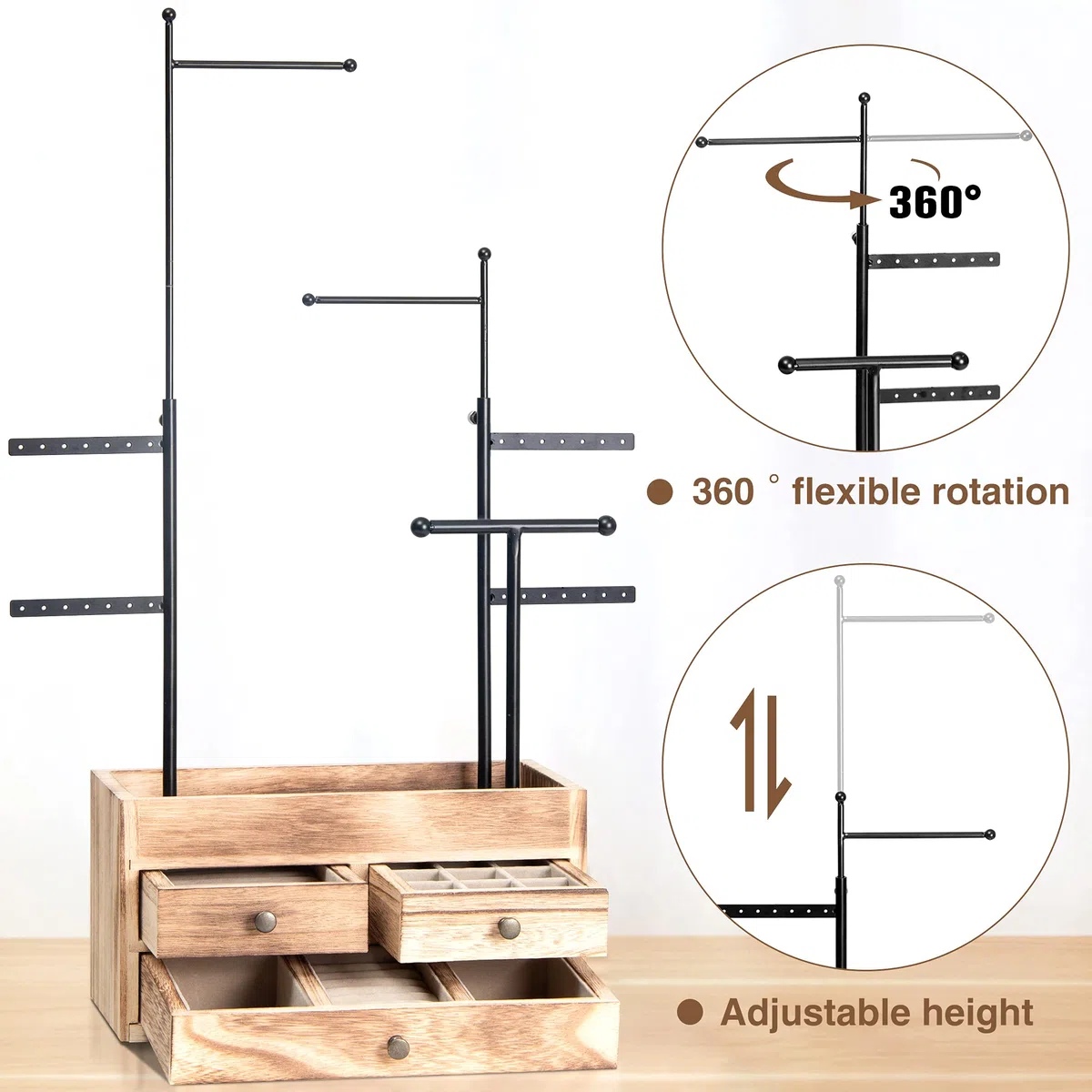 LAVIEVERT Présentoir à bijoux avec double couche de rangement en bois - 7 niveaux - Arbre à bijoux - Présentoir à bijoux pour colliers, bracelets, boucles d'oreilles et bagues