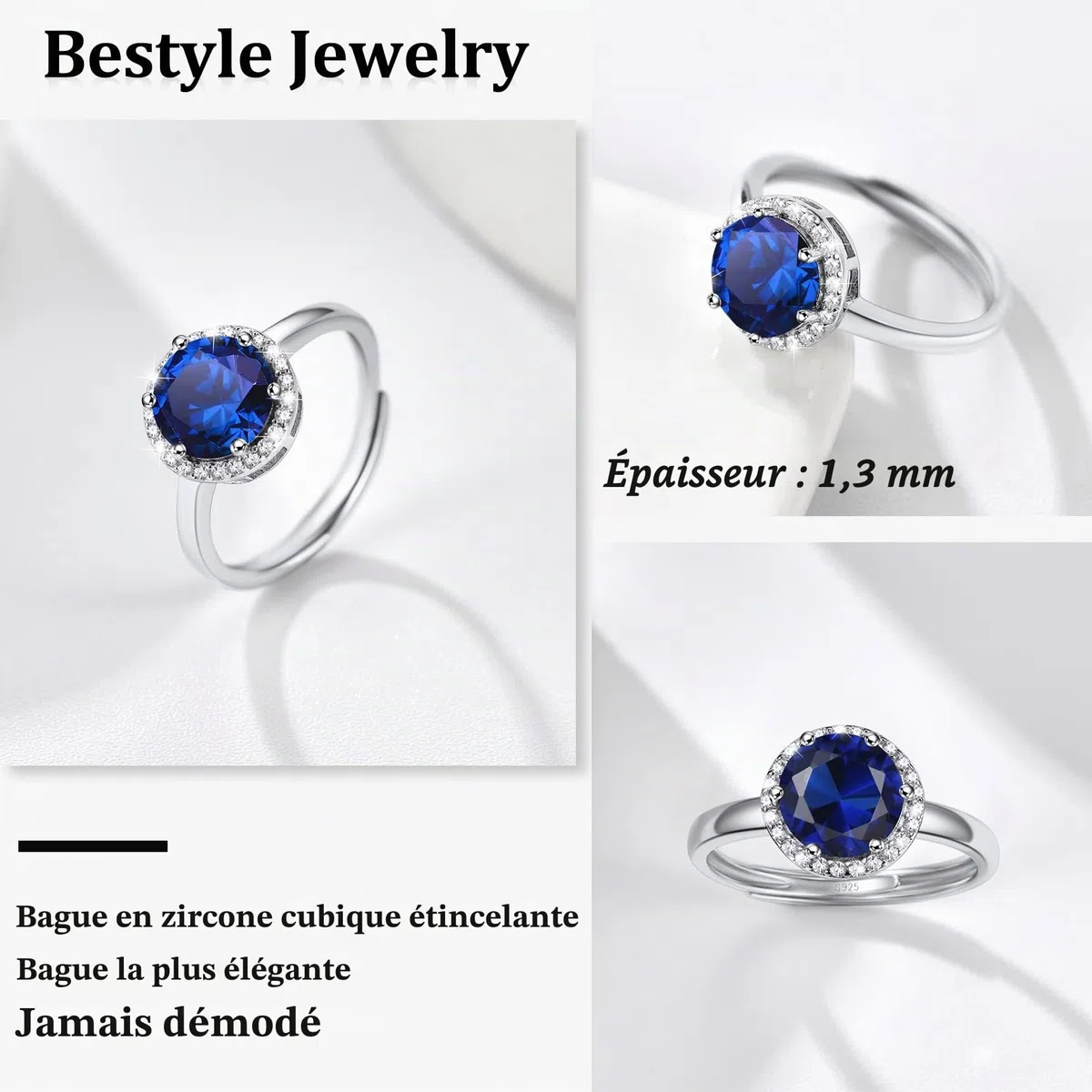 Bestyle Bague pour Femme en Argent S925 Ronde, Bague de Fiançailles Alliance Bague Réglable en Pierre de Naissance en Zircon Blanc Cadeau d'Anniversaire