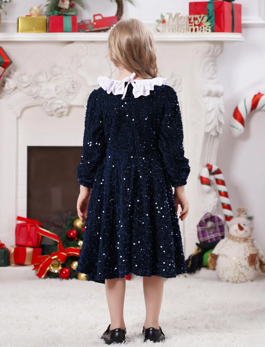 Odizli Robe de Noël pour fille - Automne - Hiver - Manches longues - Ruffle - Paillettes - Ligne A - Robe midi en velours