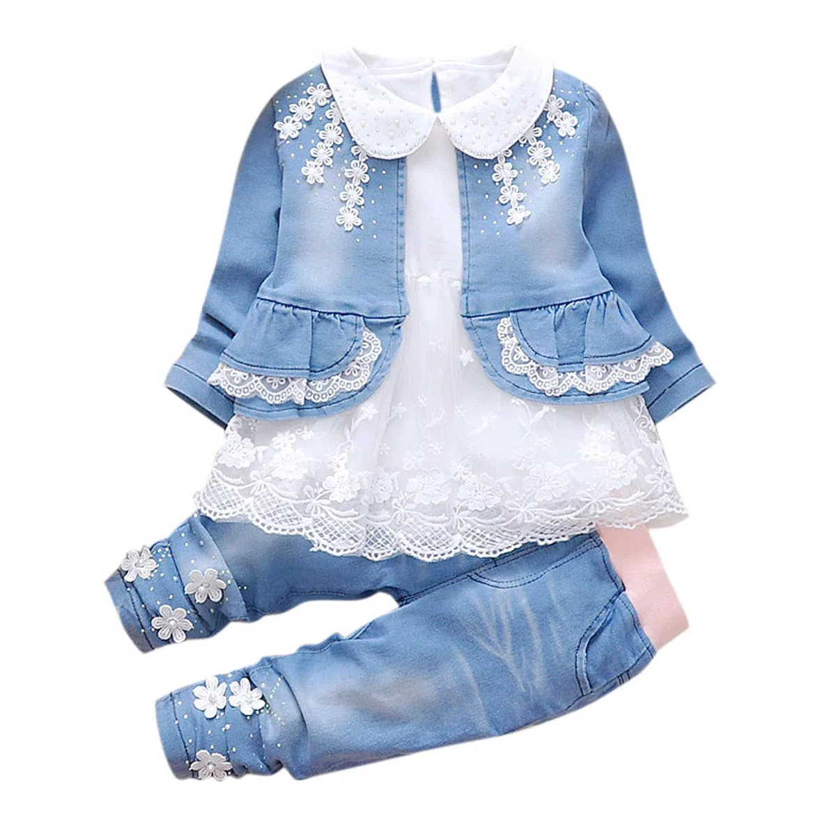 Ensemble Bébé Fille Printemps Automne Tenue en Jeans Enfant Fillette Casual Haut T-shirt Robe à Volant + Veste Pantalon en Denim Motif Fleur 3D Vêtement Naissance Lot de 3