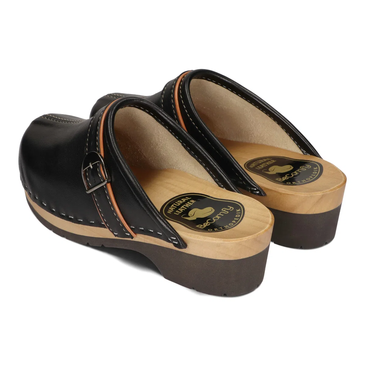 BeComfy Sabots en Cuir pour Femmes avec Semelle en Bois Noir Bleu 35-41 EU