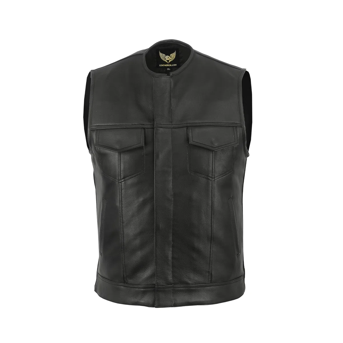 Leatherick Gilet de motard en cuir véritable noir sans col Anarchy Club pour homme de
