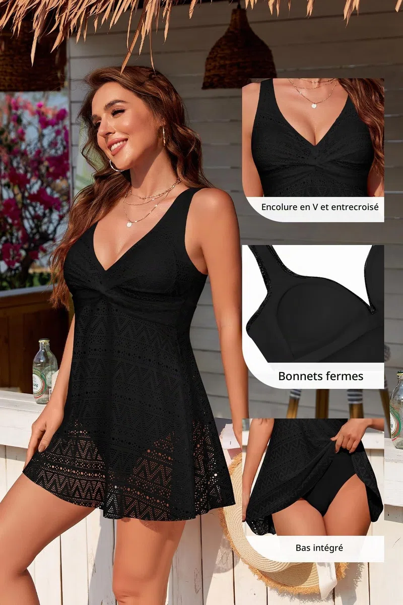 SHEKINI Maillot de Bain Une pièce pour Femme avec Jupe Robe de Bain en Dentelle col en V élégante Bikini Robe de Plage Amincissante