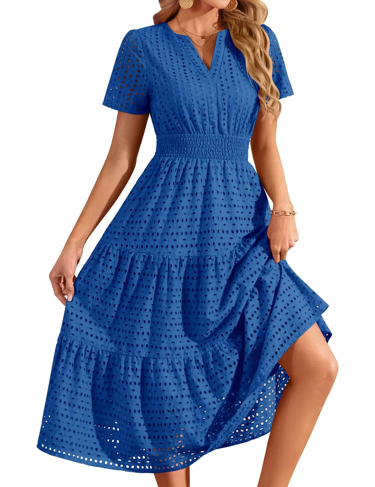 Robe d'été pour Femme Chic Et Elegant Longue Robes Manches Courtes Col en V Coton Robe Plage Décontracté Boheme avec Poches