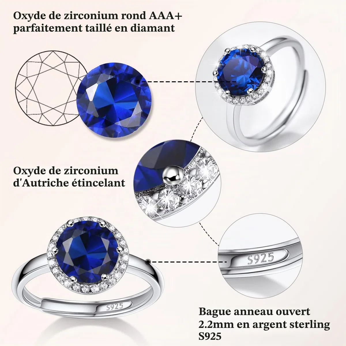 Bestyle Bague pour Femme en Argent S925 Ronde, Bague de Fiançailles Alliance Bague Réglable en Pierre de Naissance en Zircon Blanc Cadeau d'Anniversaire