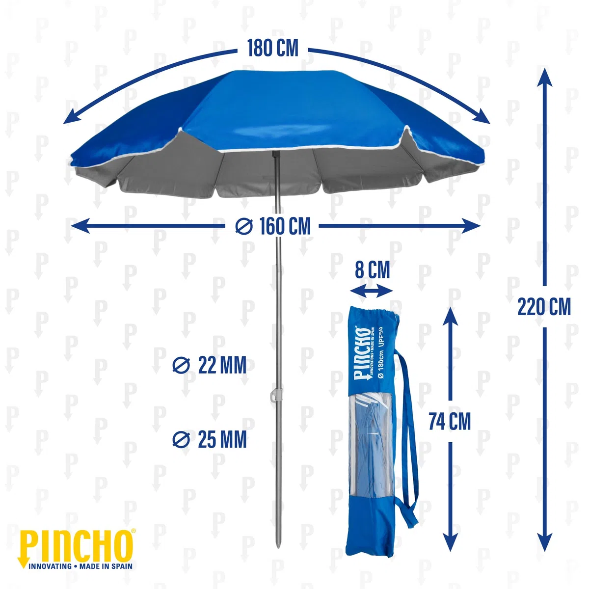 Pincho Parapluie à dos pliable de 180 cm, idéal pour moto et vélo. Protection solaire UPF50+ (bloque 99% des rayons UV), très léger. 1,5 kg, mesure du parapluie à l'intérieur de l'étui 75 cm.