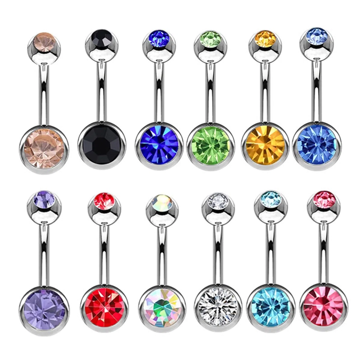 Piercing Nombril Lot de 12,Piercing Nombril 14G Lot Piercing Nombril Acier Chirurgical Rond Zircone Cubique Multicolore Piercing de Nombril Femme Argent