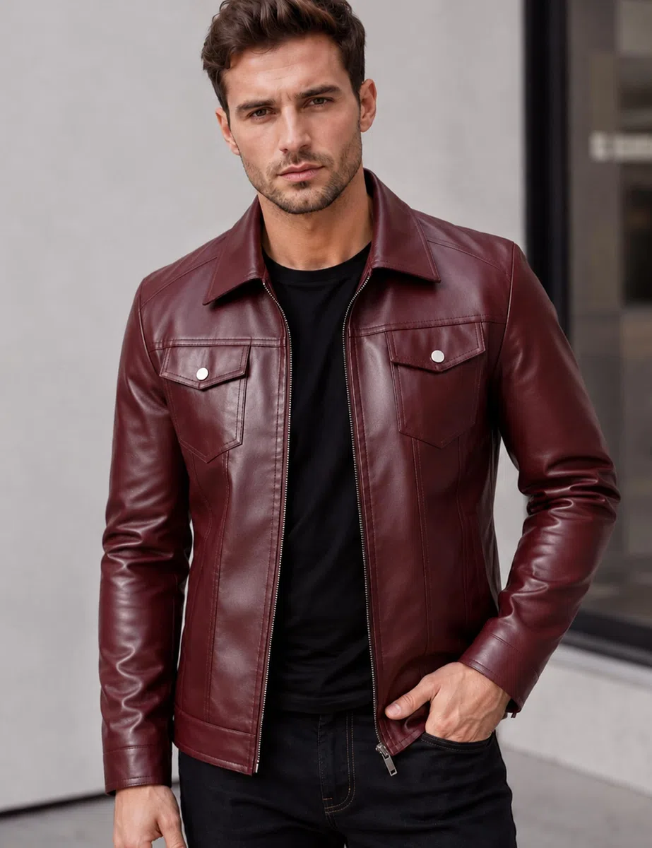 Veste en cuir synthétique pour homme - Coupe-vent - Pour motard - Noir
