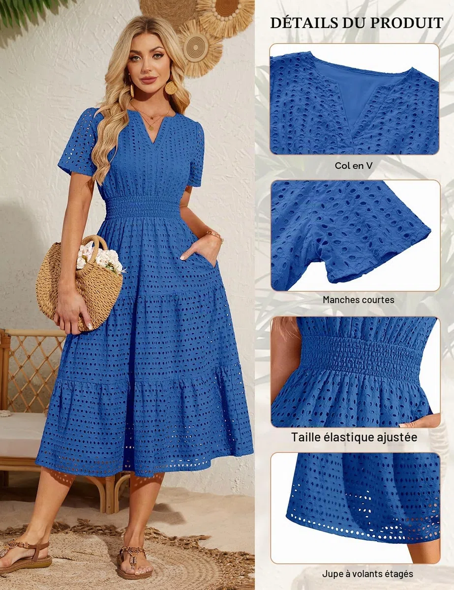 Robe d'été pour Femme Chic Et Elegant Longue Robes Manches Courtes Col en V Coton Robe Plage Décontracté Boheme avec Poches