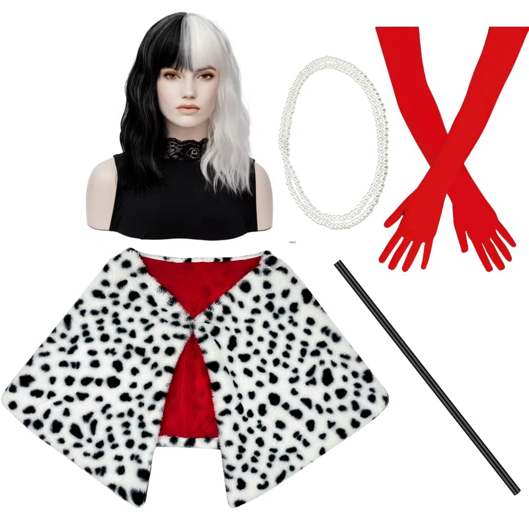 Perruque Courte Noire et Blanche 6 Pièces avec Faux Châle, Gants Rouges, Support de Costume, Collier de Perles et Bonnet de Perruque