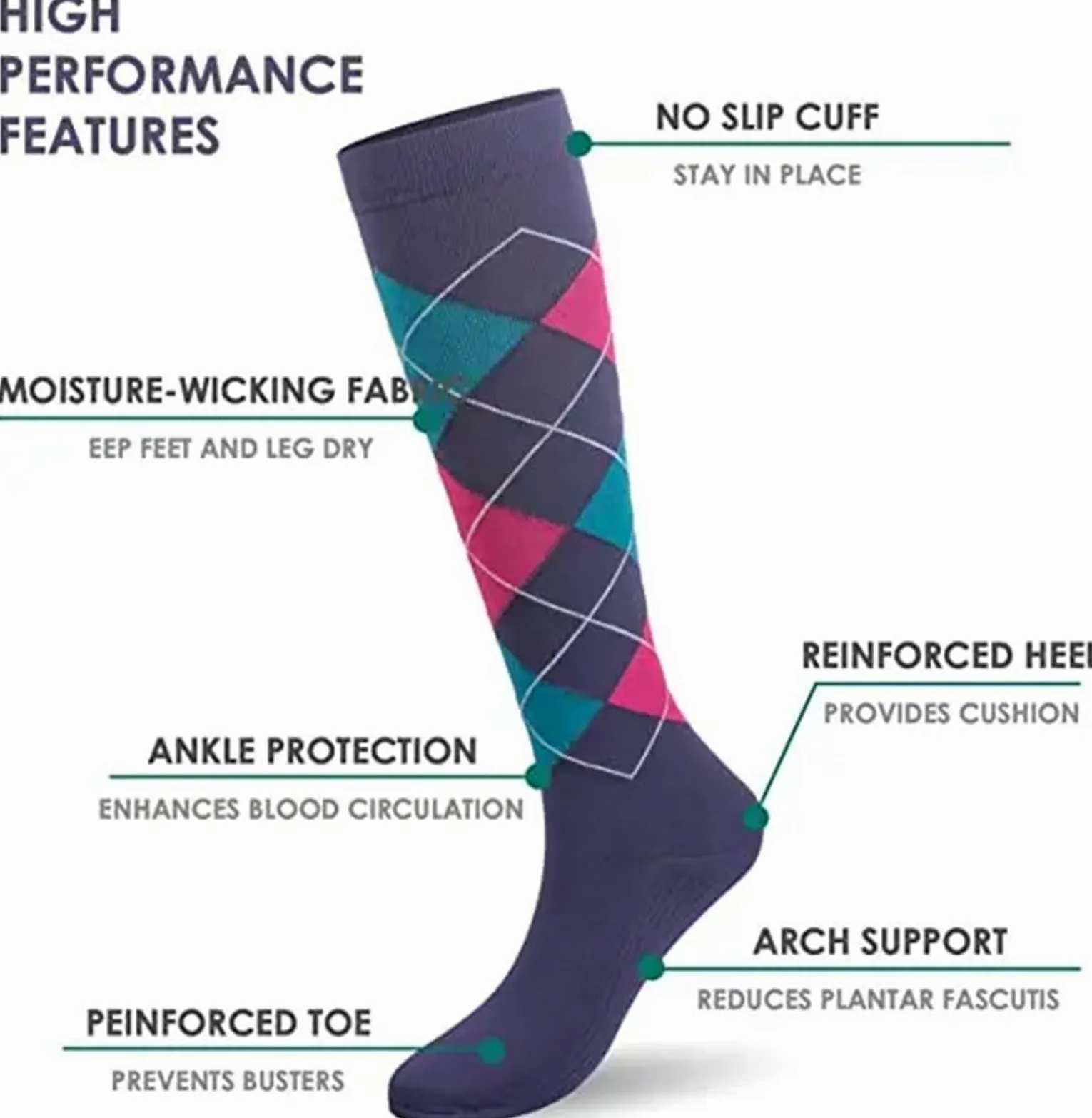 Bas De Contention Chaussettes De Compression for Leggings Running Pressure Soccer Chaussettes Unisexes for Adultes Édition Network Red Pressure Nurse Men Sock(MIX006-2,S-M)