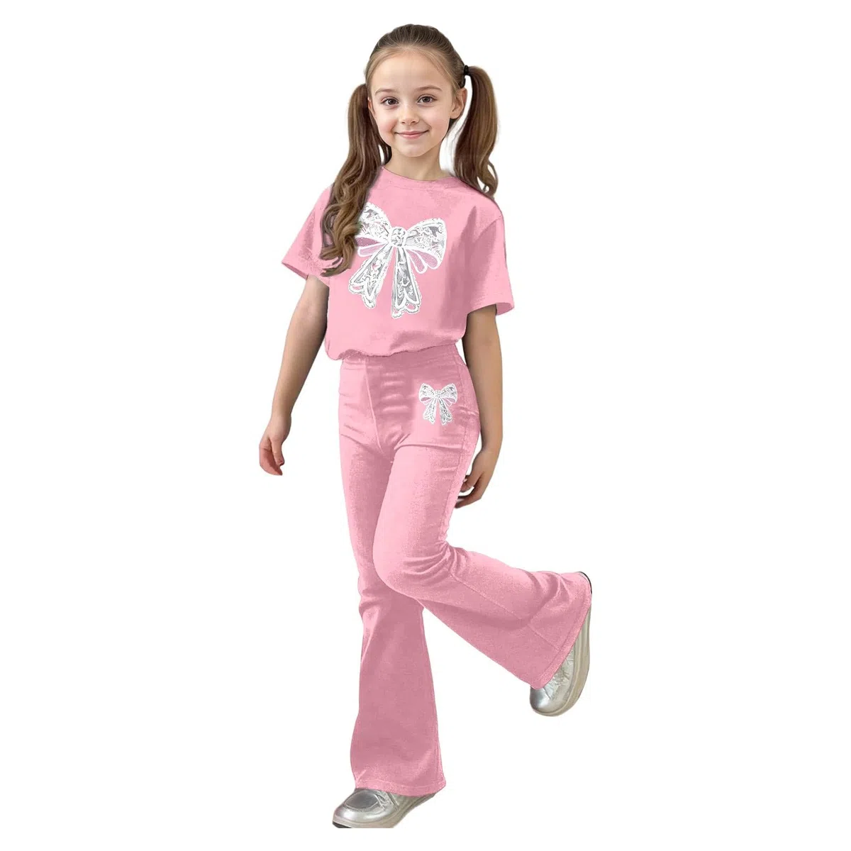 Ensemble Fille, Décontracté Pour Filles : Haut À Manches Courtes Avec Nœud Et Pantalon Long, Deux Pièces Confortables Pour Jouer, Idéal Pour Les Événements