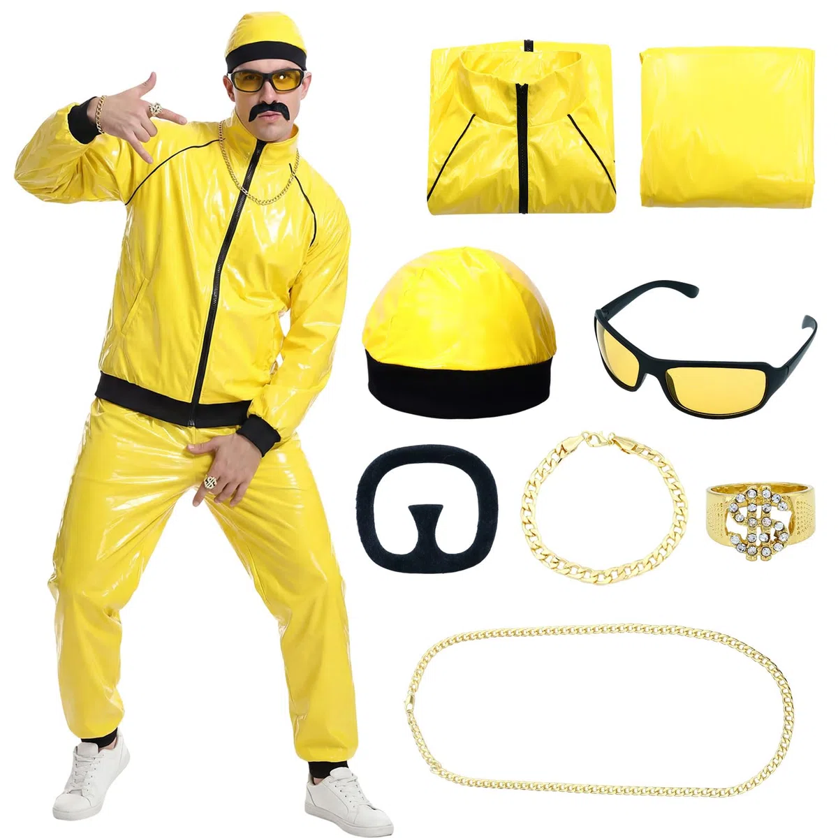 Costume de rappeur Ali G des années 90 pour adulte, costume de coquillage jaune des années 90 et 80 avec collier, lunettes, barbe, déguisement pour carnaval, fête, Halloween, enterrement de