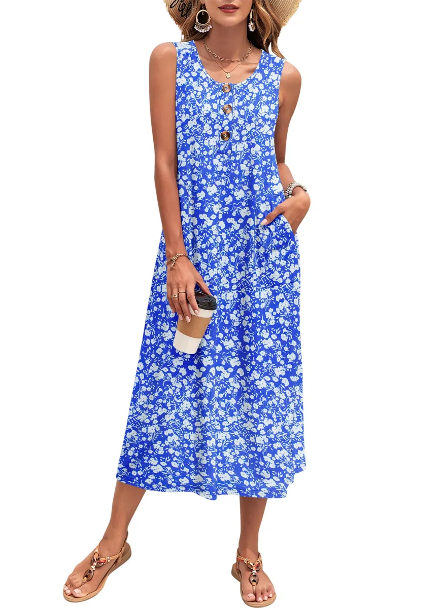 PLOKNRD Robe Longue Femme Été - Robe sans Manches Maxi Plage à Boutons avec Poches - Robe Décontractée Tank Top pour Vacances
