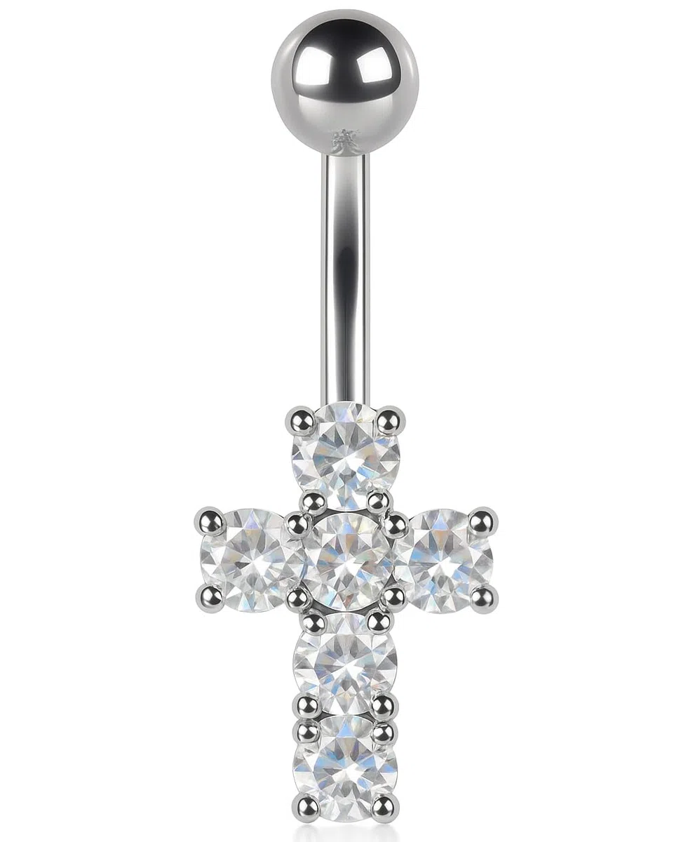 Piercing de nombril en argent véritable 925 et cristal de zirconium en acier chirurgical 316L Banane Piercing nombril Barbell Piercing nombril Piercing Jésus Christ Croix Goth Blanc 1,6 x 10 mm