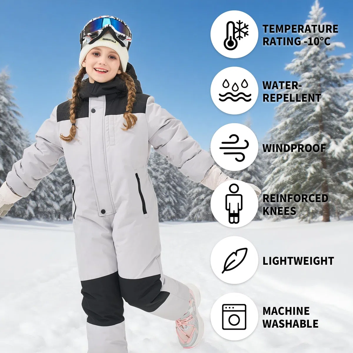 Owntop Combinaison de Ski Enfant - Combinaison Neige Imperméable et Coupe-Vent avec Capuche Amovible, Combinaison Pilote Chaude et Légère pour Fille et Garçon, Taille 98-128 cm, Unisexe