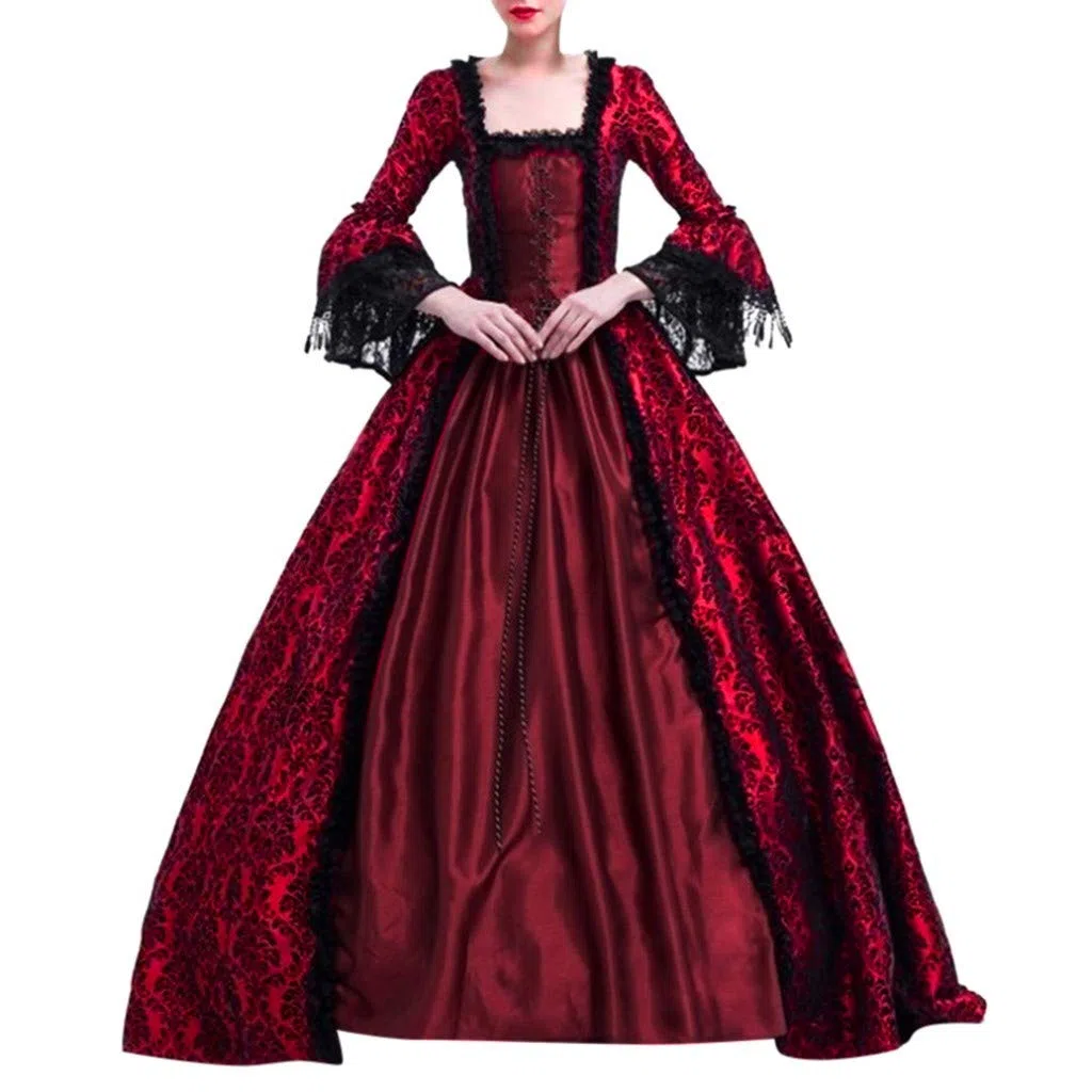 Médiéval Déguisement Adulte Maxi Robe Grande Taille Manches évasées Gothique RéTro Dentelle Robes De Bal Halloween Cosplay Costume Carnaval Drame Fête Princess Dress