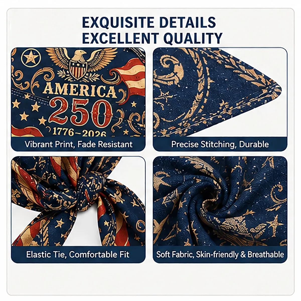 America 250 – Bandana de cyclisme style pirate/Bandeau pour motard – Foulard rafraîchissant et patriotique – Séchage rapide et évacuation de la transpiration