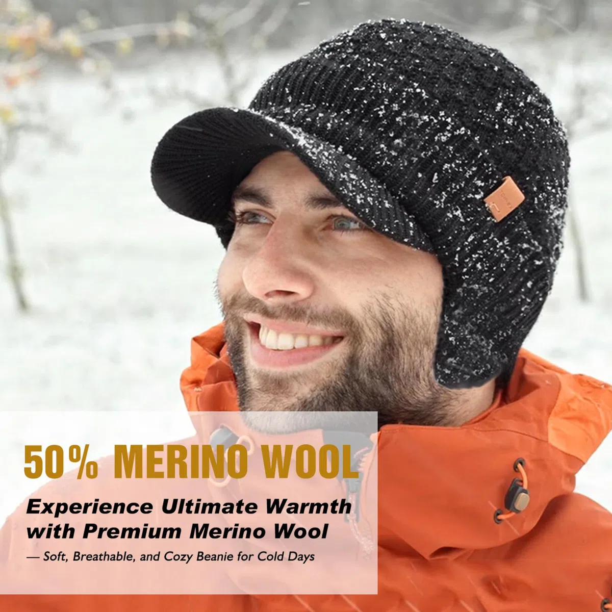 TOP-EX DryKnit Bonnet imperméable 50 % laine mérinos avec cache-oreilles Doublure polaire chaude pour temps froid, Noir #imperméable, S/M