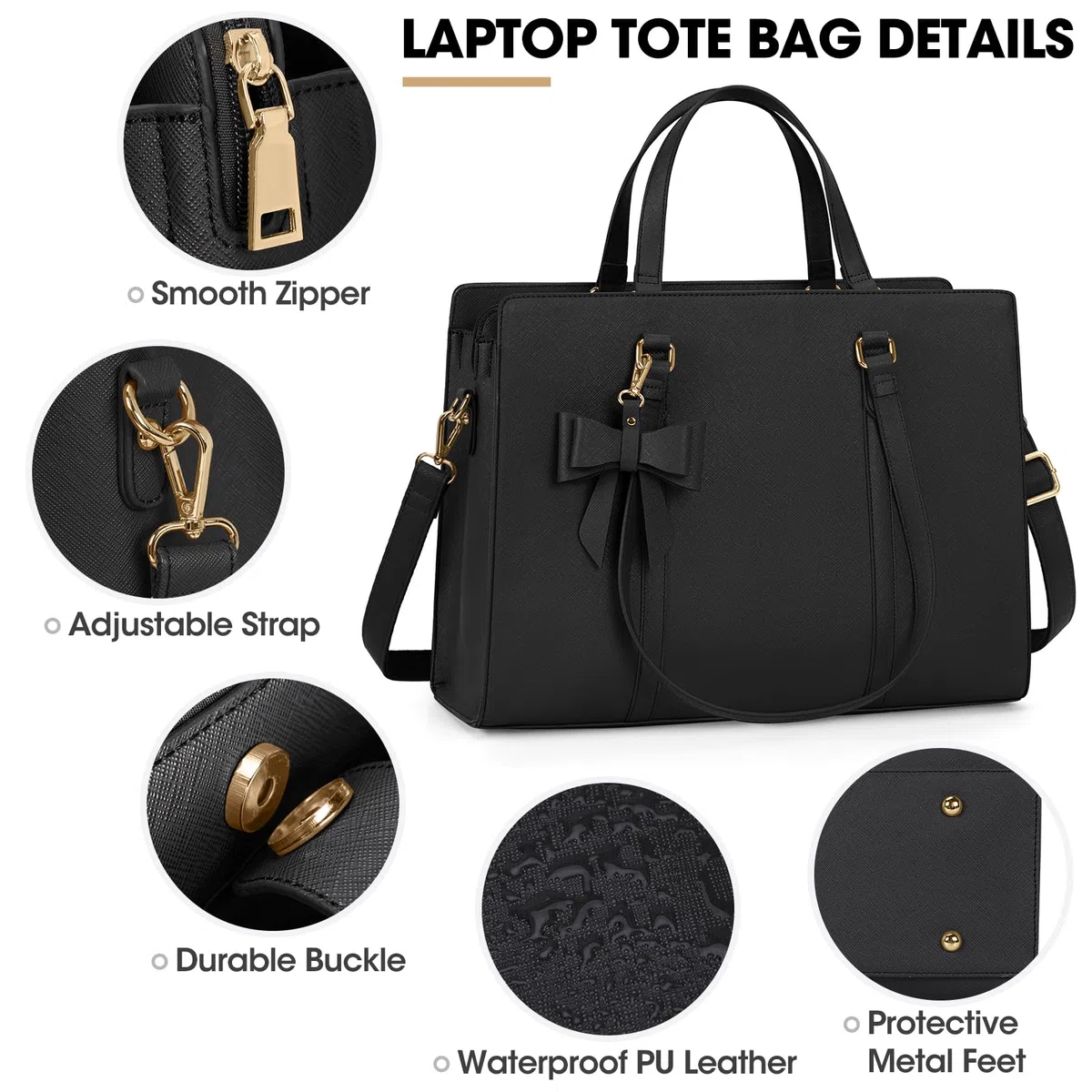 NEWHEY Sac Cabas Femme Sac a Main Sac à Main Femme en PU Cuir Grande Capacité Sac Ordinateur 15.6 Pouces Imperméable Sac Fourre Tout Sac de Cours Lycee Bandoulieres Noir
