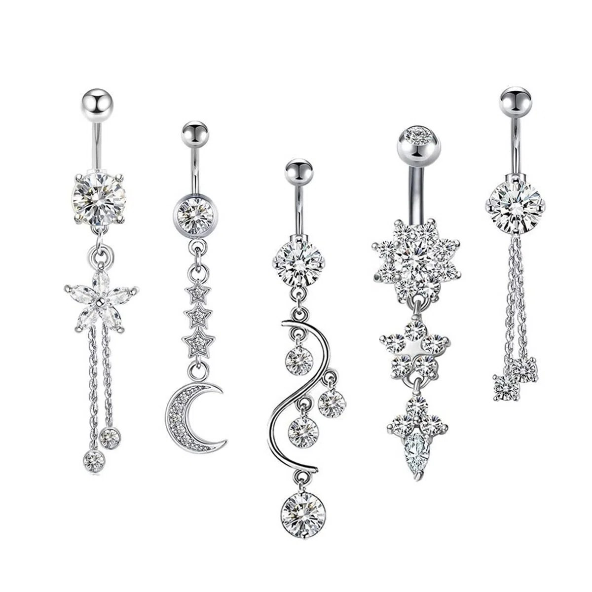 Piercing de Nombril Fleur, Lot de Piercing Nombril Acier Chirurgical 14 Gauge Bijoux Pendentif Rond en Zircone avec D'Étoile de Lune