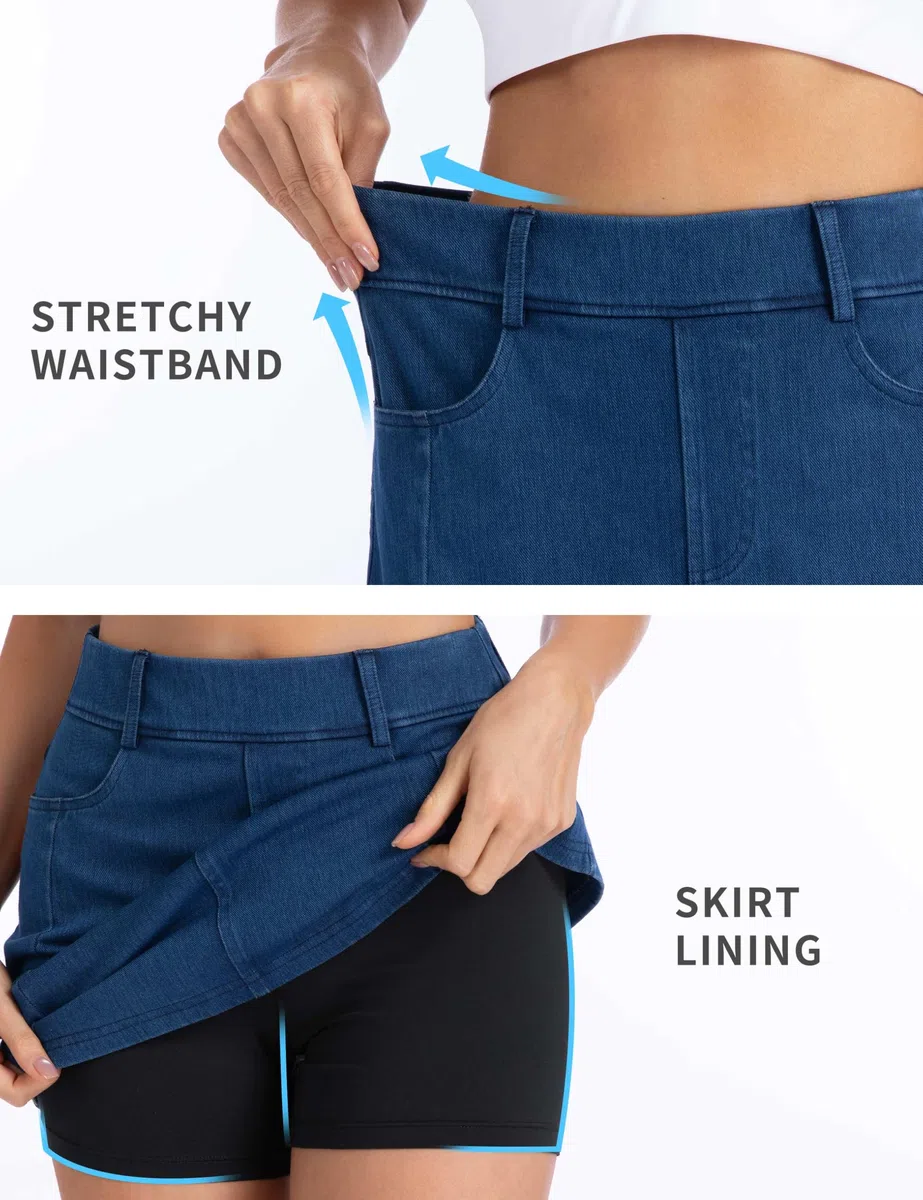 THE GYM PEOPLE Jupe-short en jean extensible pour femme, coupe ajustée, fente latérale, jupe décontractée en jean avec poches