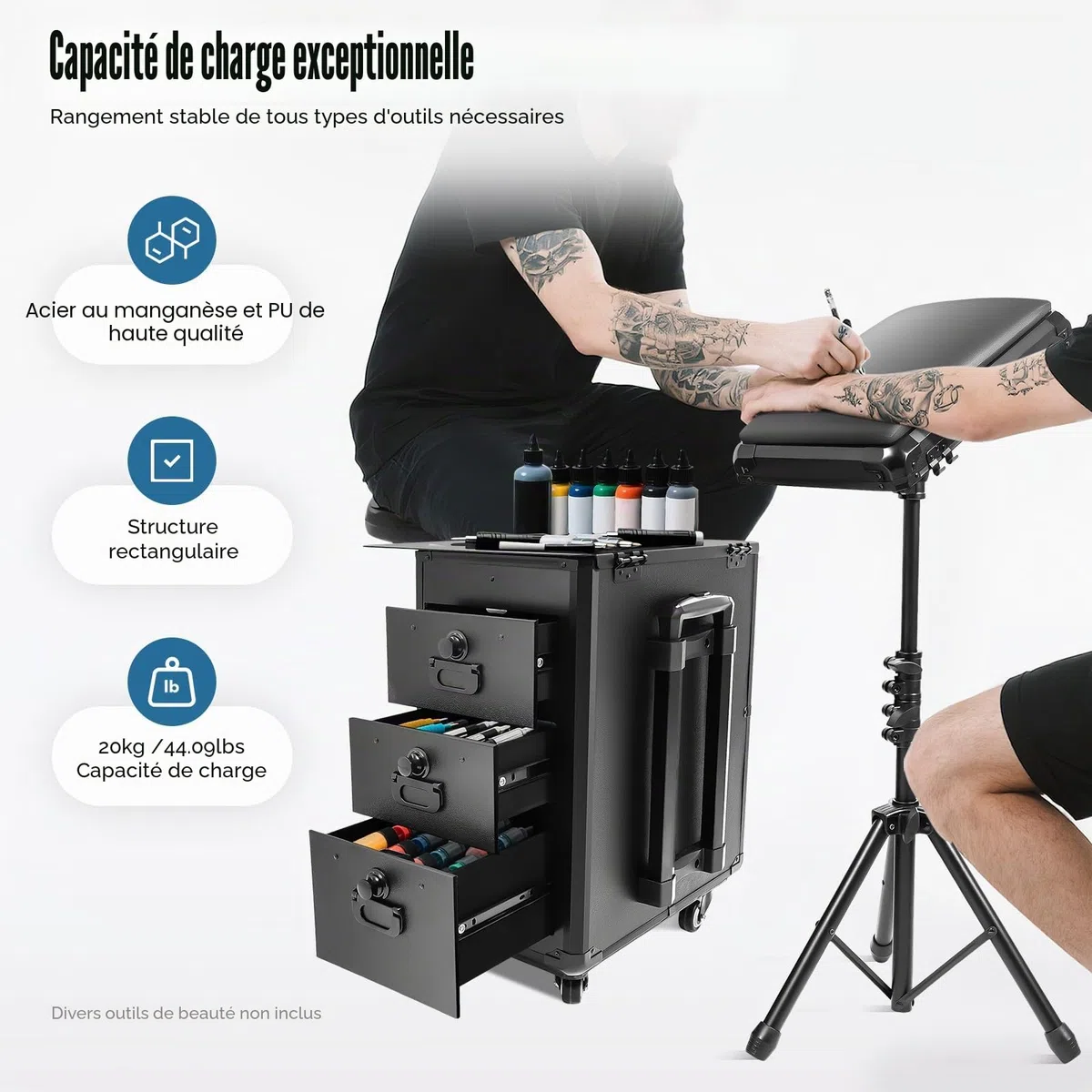 Valise cosmétique à roulettes avec support d'accoudoir et tôle métallique - Mallette de tatouage avec 3 tiroirs - Mallette de maquillage professionnelle - Table de tatouage - Table de beauté