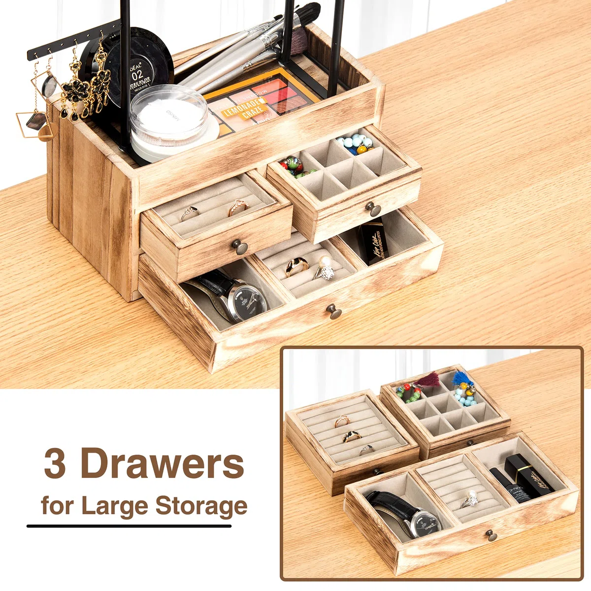 LAVIEVERT Présentoir à bijoux avec double couche de rangement en bois - 7 niveaux - Arbre à bijoux - Présentoir à bijoux pour colliers, bracelets, boucles d'oreilles et bagues