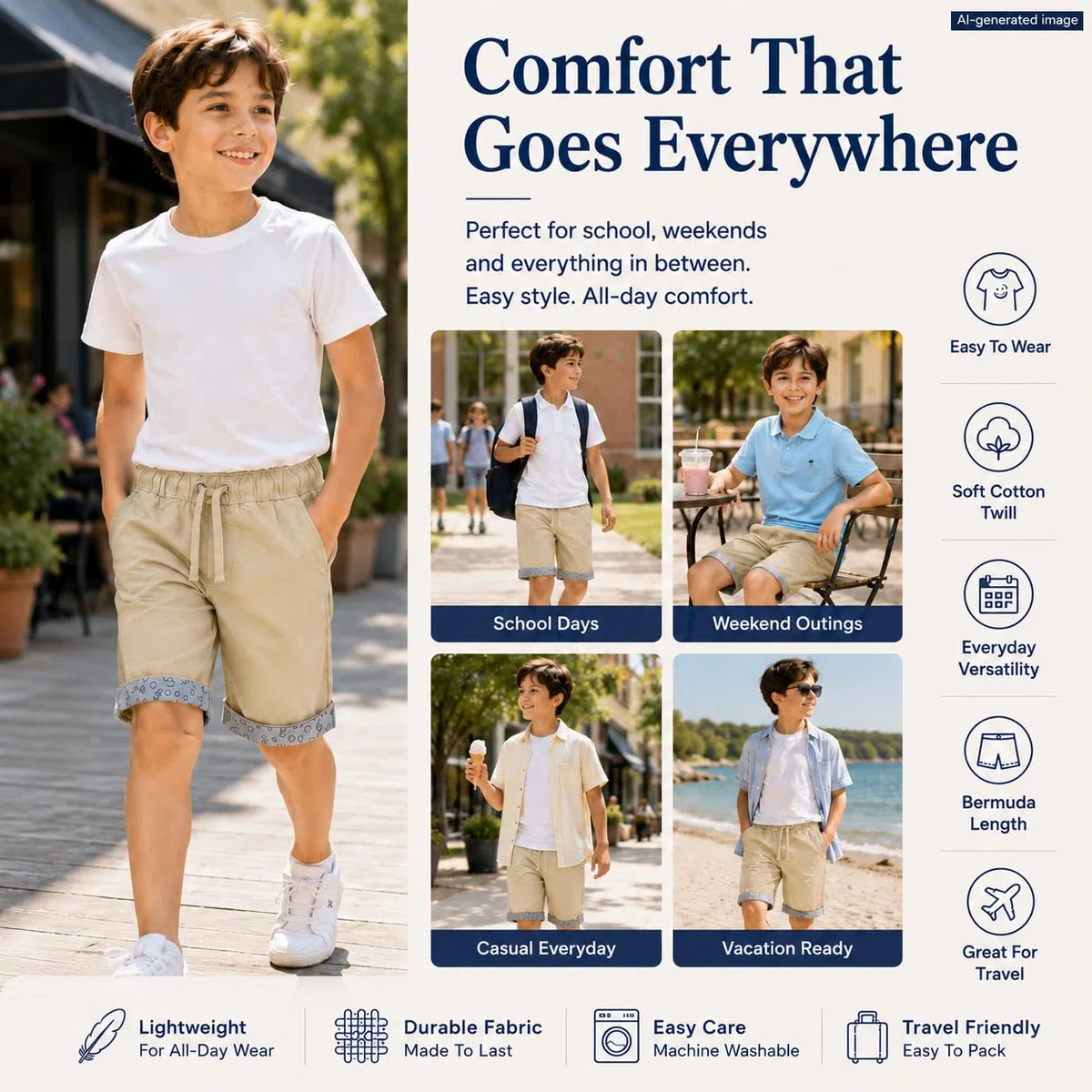 Bienzoe Short en sergé de coton pour garçon Taille élastique - kaki - 16(13 ans)