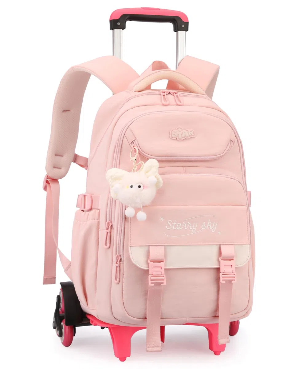Amythe Cartable a Roulette Fille, 30L Sac à Dos à Roulettes Collège | Sac a Dos Scolaire Primaire Décontracté avec Chariot pour Voyages, 6 Roues, Rose