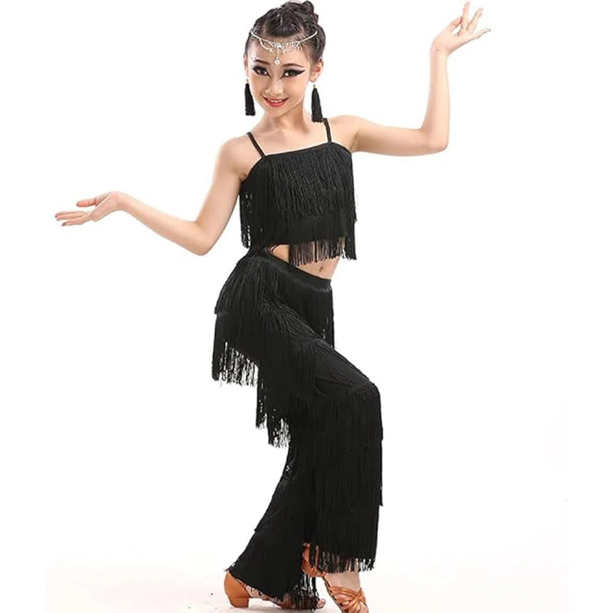 Generisch Tenue de performance pour costume de danse avec combinaison à bretelles unies à franges, vêtement idéal pour spectacle de scène de 3 à 14 ans