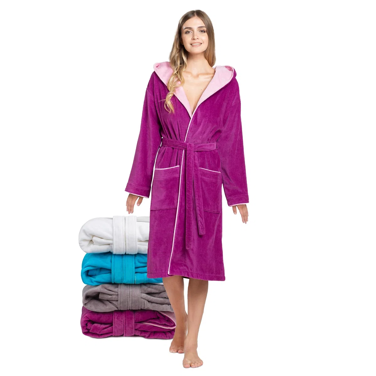 Twinzen Peignoir de Bain Femme avec Capuche - 100% Coton Velours Premium - Robe de Chambre Femme Velours Peignoir Femme Coton OekoTex Ultra Doux