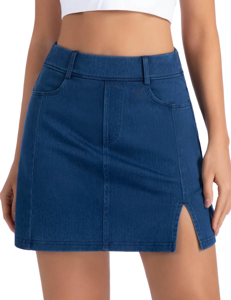 THE GYM PEOPLE Jupe-short en jean extensible pour femme, coupe ajustée, fente latérale, jupe décontractée en jean avec poches