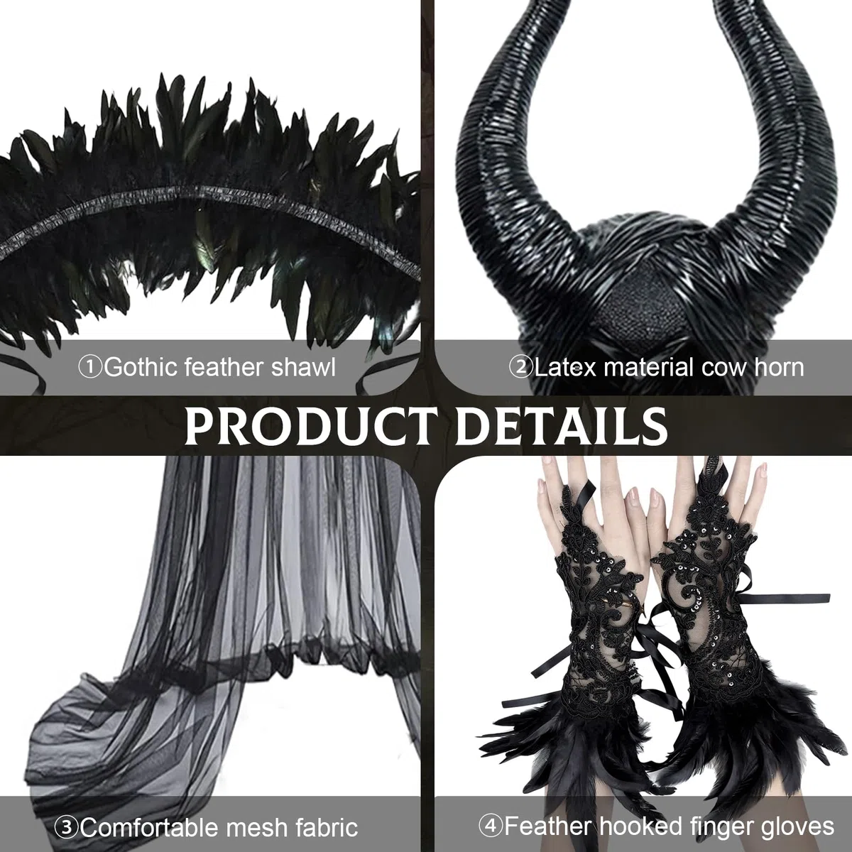 Deguisement Malefique Femme: Maléfique Costume Adulte - Méchante Reine Sorciere Gothique Robe avec Corne Plume Cape et Gant pour Halloween Carnaval Cosplay Tenue De Fête