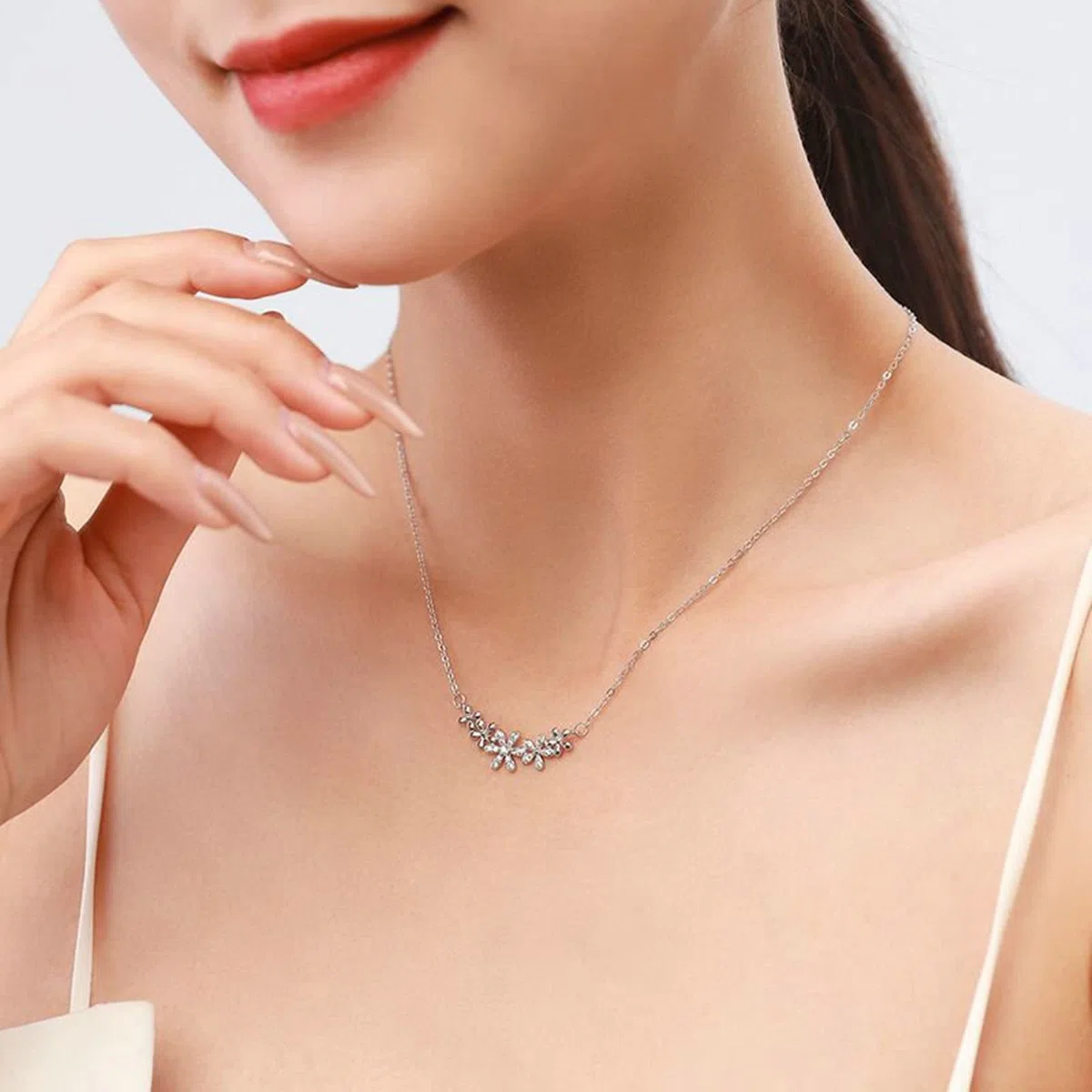 Epinki Femme Argent 925 Collier, Collier Fleur avec Zirconium Chaine Collier Pendentif