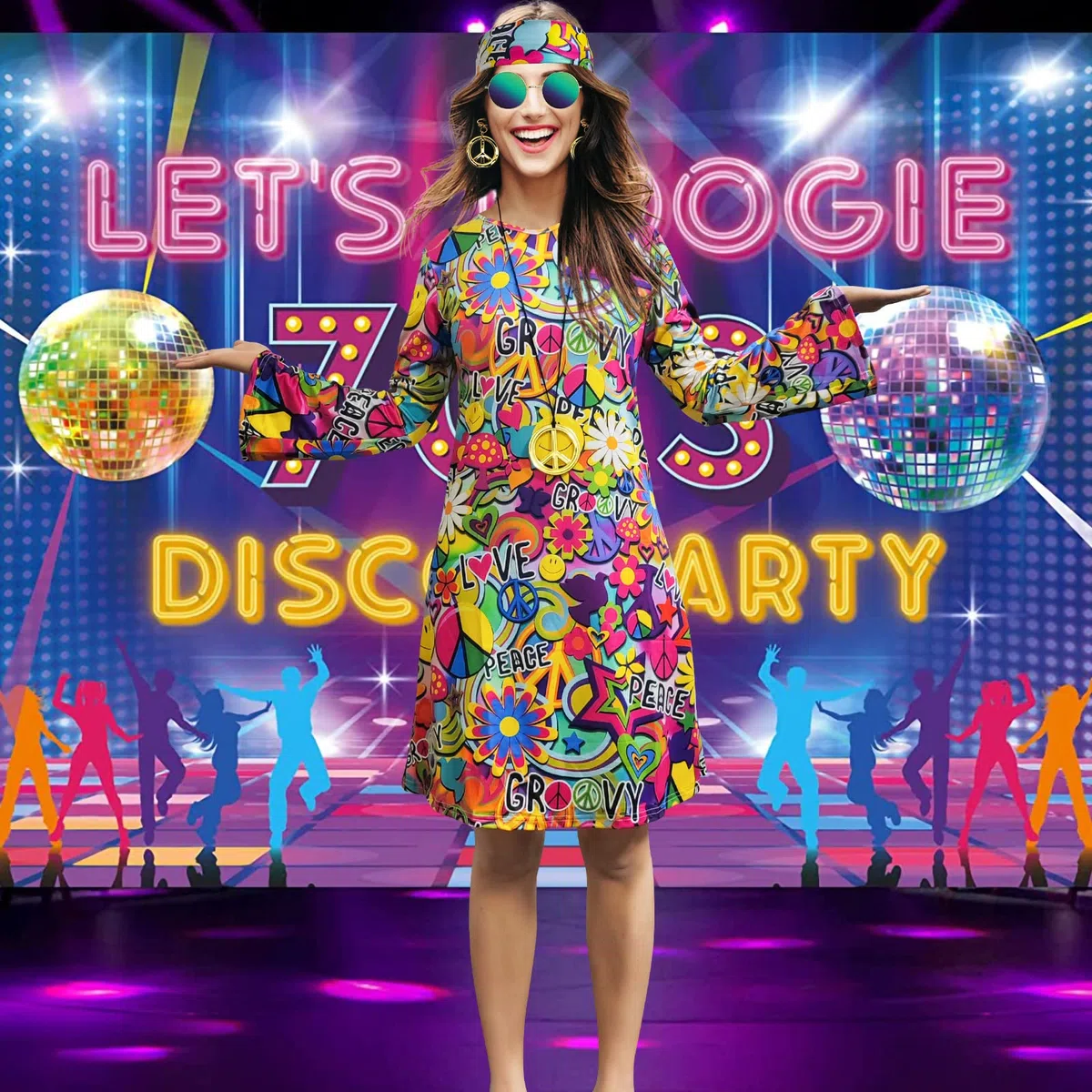 Robe hippie des années 70, collier, boucles d'oreilles, lunettes de soleil, tenue disco pour femme, costume de fête des années 60, robes rétro d'Halloween