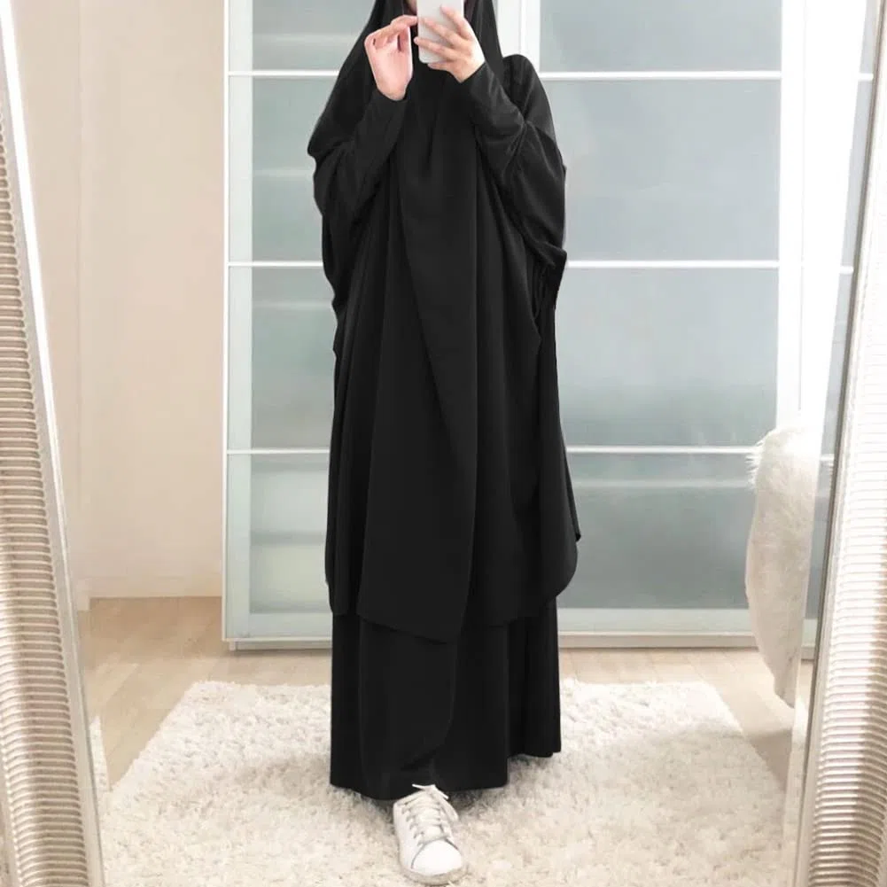 IWEMEK Robe Musulmane Femme Abaya Tenue de Prière avec Khimar Hijab Caftan Marocain Dubai Arabe Islamique Moyen-Orient Jellaba Kabyle Mariage Soirée Ramadan 2 Pièces Taille Unique
