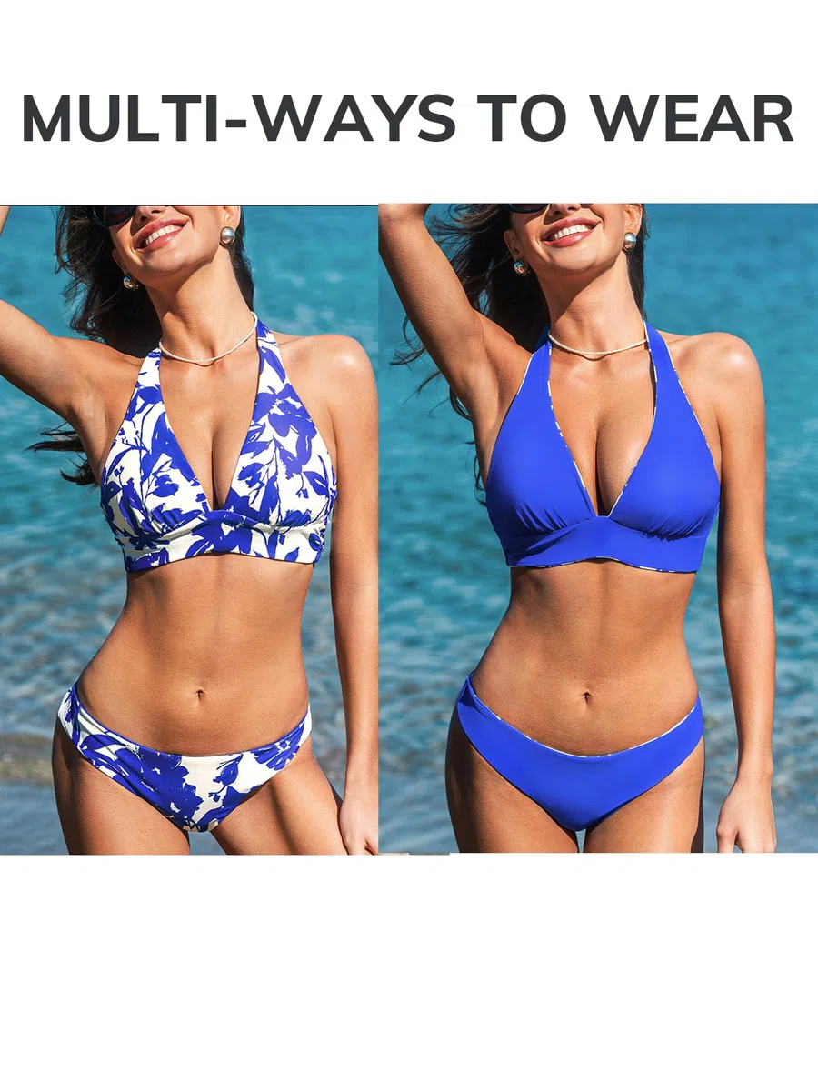CUPSHE Ensemble bikini dos nu pour femme - Col en V - Réversible - Double face - Plusieurs façons de le porter