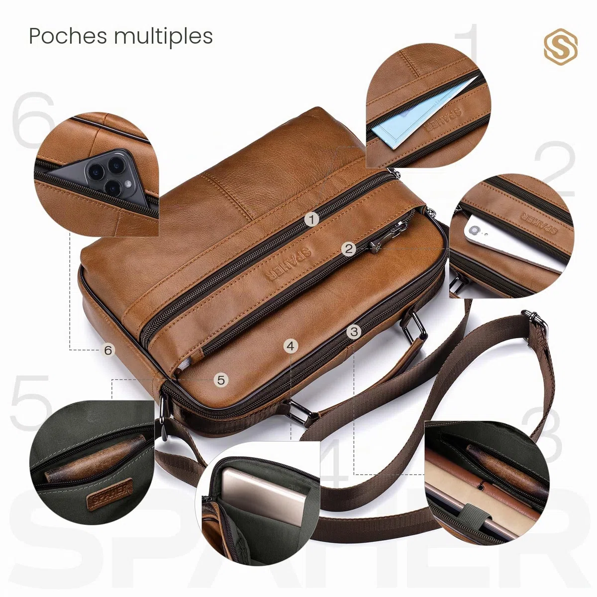 SPAHER Sacoche Homme Bandouliere Grand Sacoche Homme Cuir Véritable Pochette Homme Sac Bandoulière Homme Sac Porté Epaule Sacs Business Sacs à Main Voyage pour Ipad 11 pouces