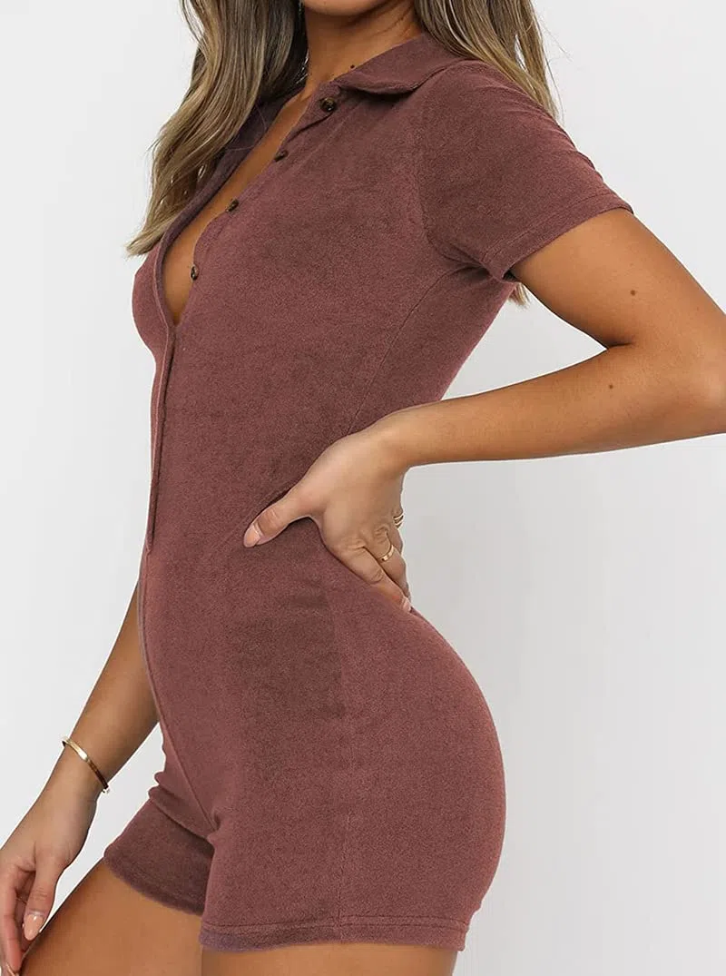 Combinaison moulante à manches courtes pour femme - Couleur unie, marron, XXL