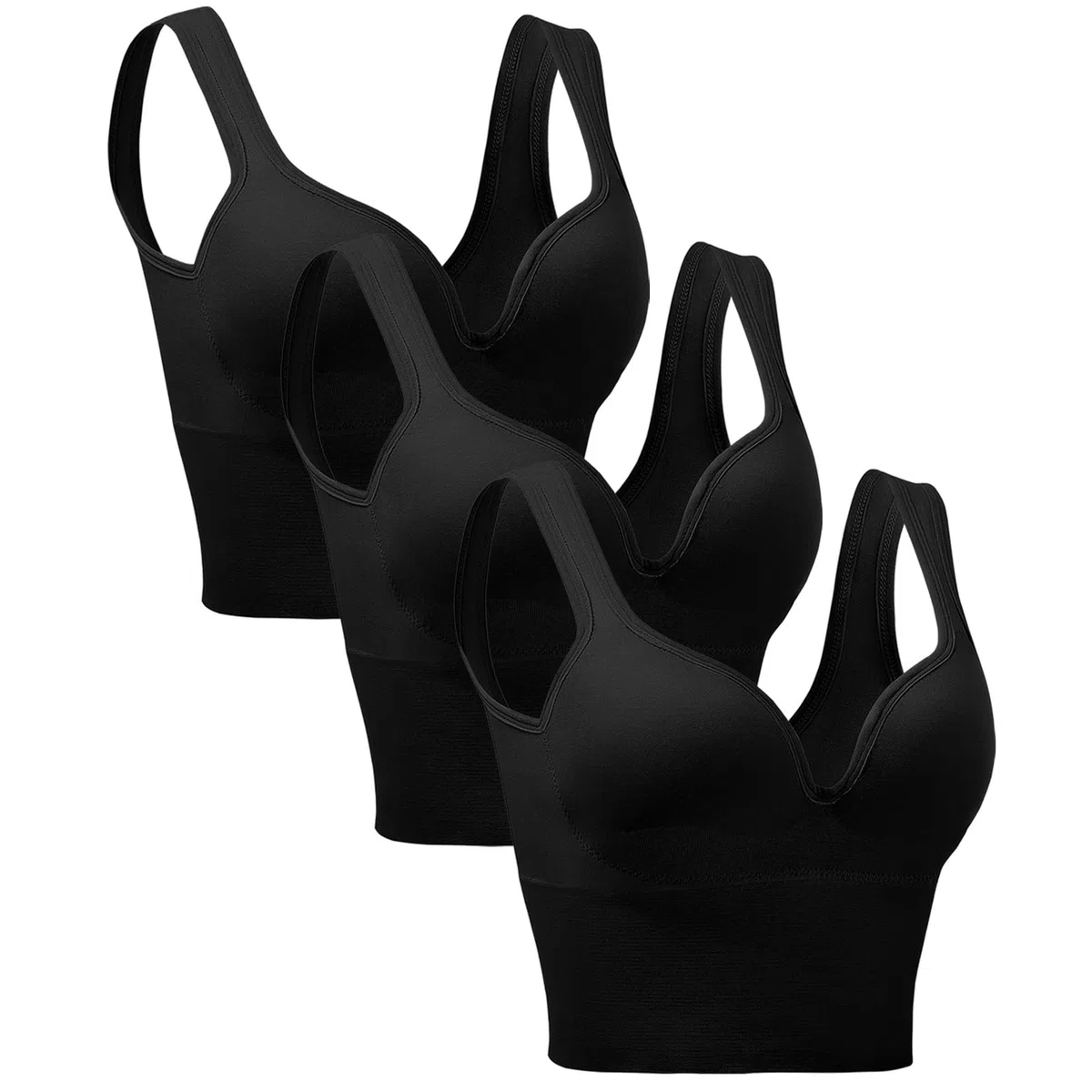 Lot de 3 soutiens-gorge de sport sans armatures pour femme - Soutien-gorge de sommeil confortable grande taille avec coussinets non amovibles, Noir , XX-Large