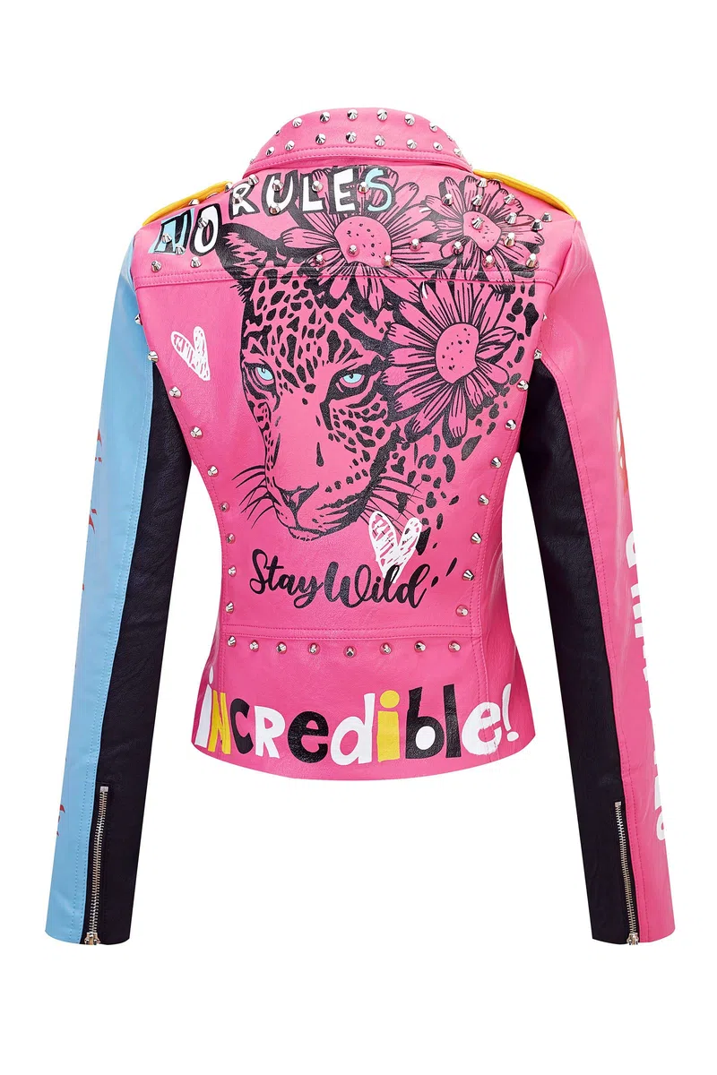 RISISSIDA Veste de moto streetwear tendance en cuir synthétique clouté avec ceinture Printemps, automne, hiver Pour femme