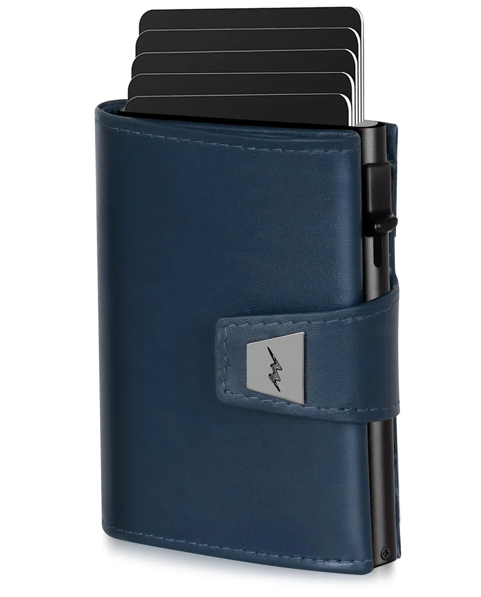 Marc Peter Portefeuille fin pour homme avec compartiment à monnaie et protection RFID, portefeuille en cuir, 9 compartiments pour cartes de crédit, étui pour cartes de crédit, petit homme, bleu
