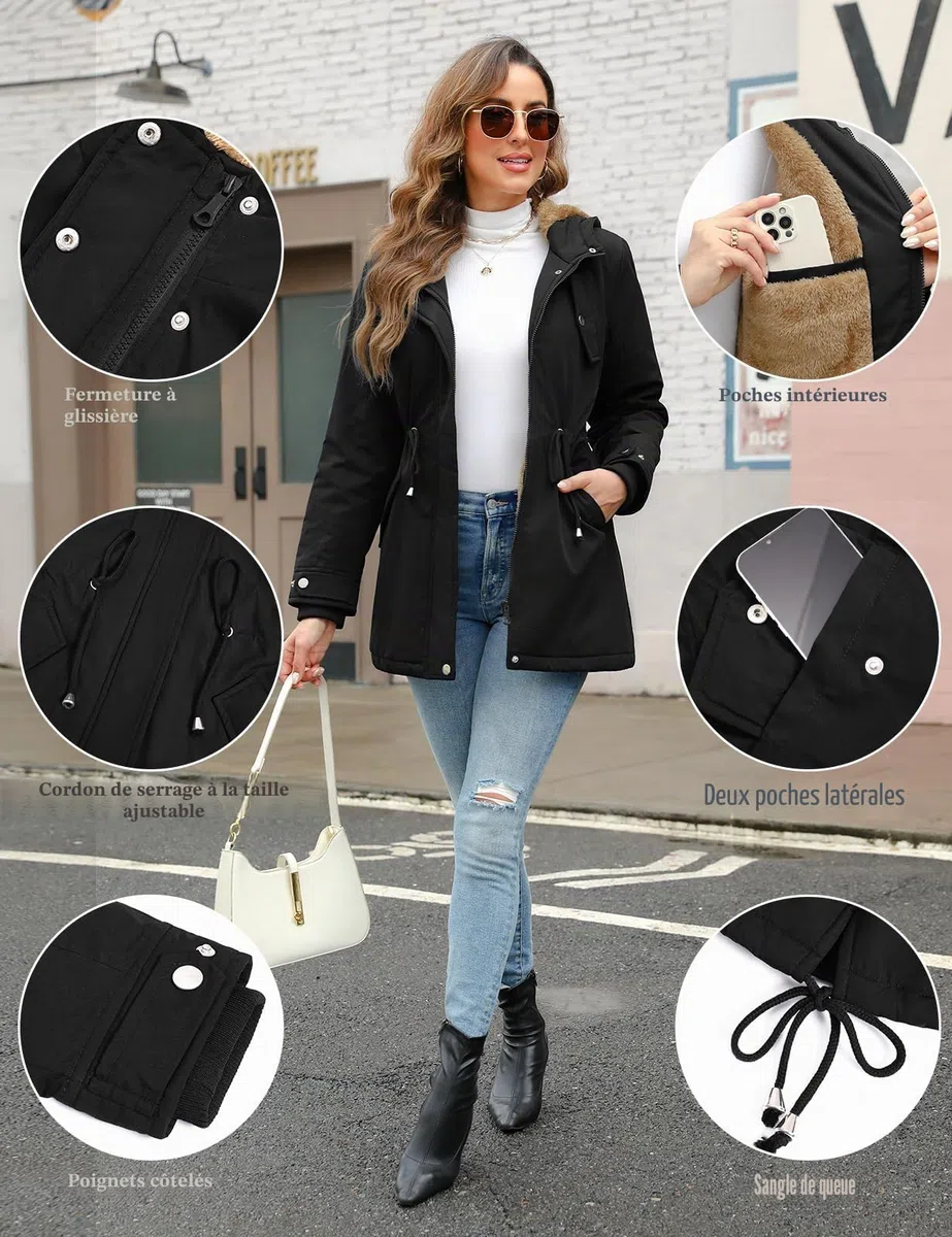 Nadeer Manteau Femme Hiver Polaire Chaud Veste Parka Manteau à Capuche Manches Longues Blouson Zippé Outercoat avec Poches